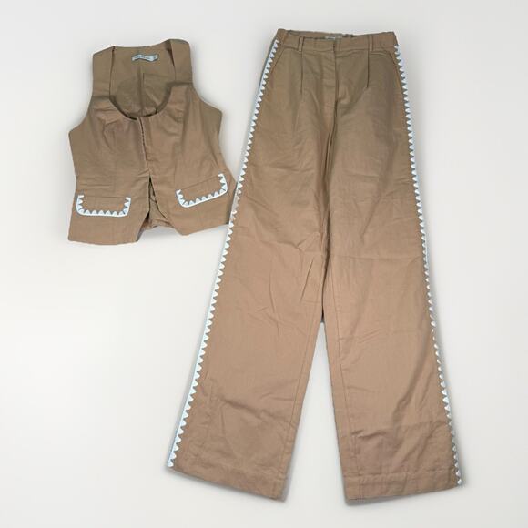 Mon Renn Lisle SET Vest Top Size S Wide Leg Pants XS Beige Tan Boho - Picture 2 of 13